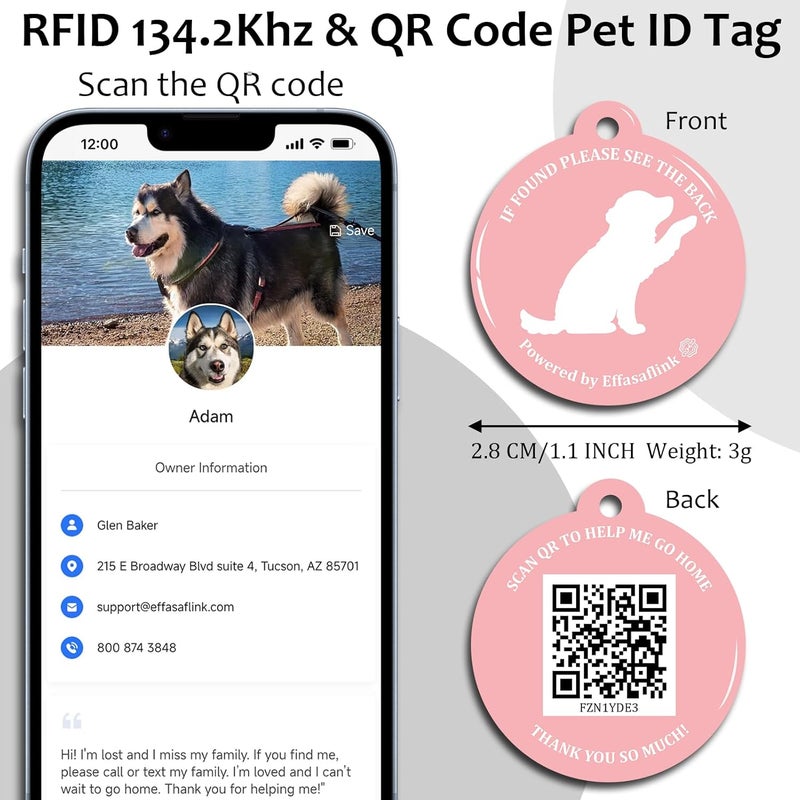 Effasaflink RFID 134.2Khz & QR Code Pet ID Tag, Collar Tag, Dual Function - Scan QR for Helping Lost Pets Go Home, Replace RFID Microchip for Smart Auto Pet Door and Feeder (Pink-Dog) - Image 2